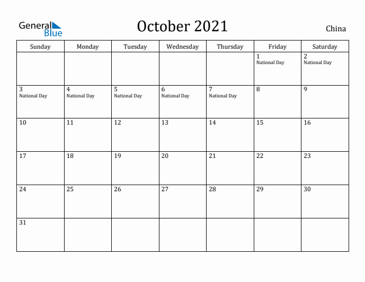 October 2021 Calendar China