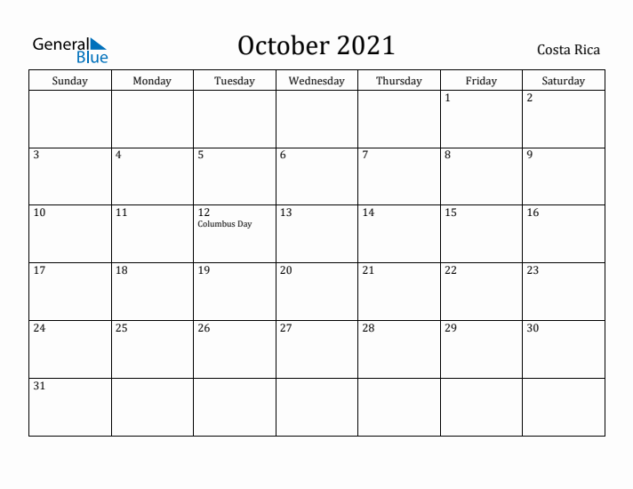 October 2021 Calendar Costa Rica