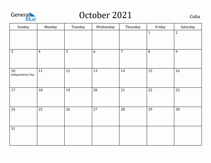 October 2021 Calendar Cuba