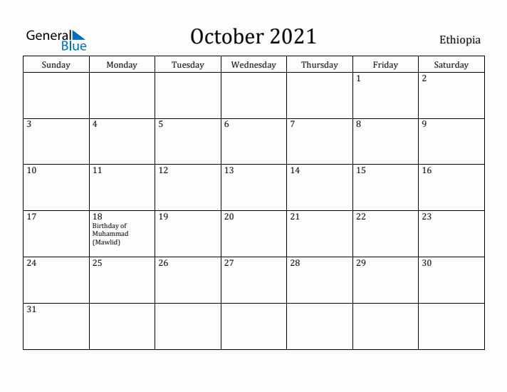 October 2021 Calendar Ethiopia