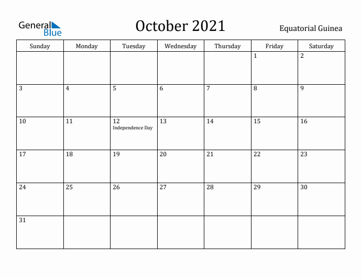 October 2021 Calendar Equatorial Guinea