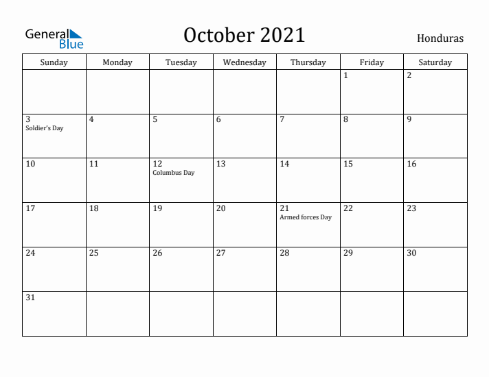 October 2021 Calendar Honduras