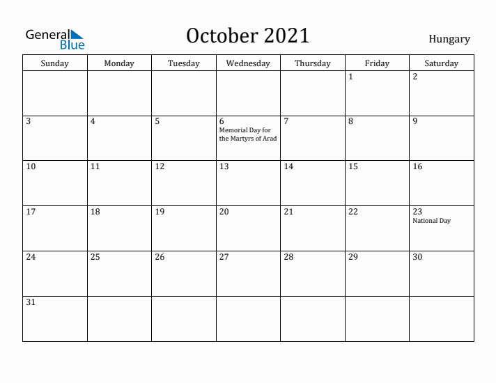 October 2021 Calendar Hungary