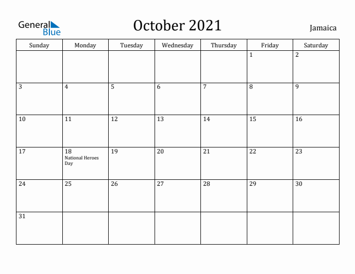 October 2021 Calendar Jamaica