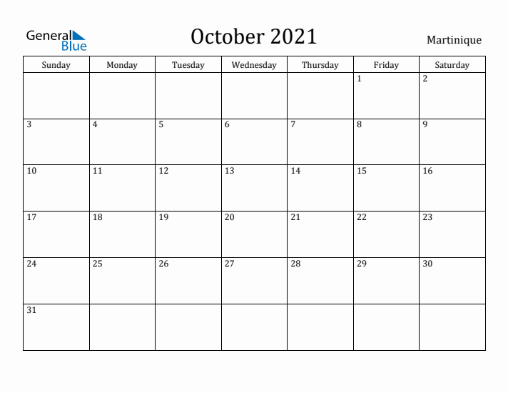 October 2021 Calendar Martinique