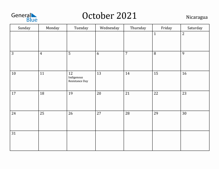 October 2021 Calendar Nicaragua