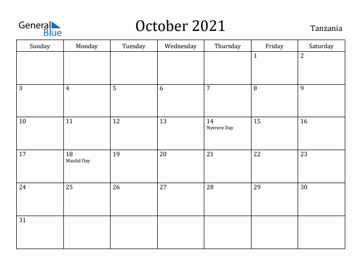 October 2021 Calendar Tanzania