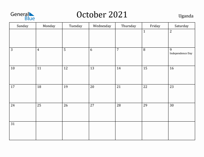 October 2021 Calendar Uganda