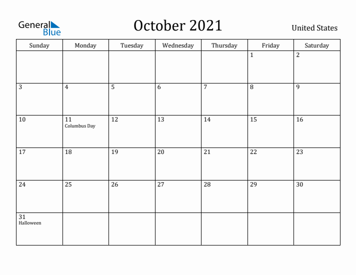 October 2021 Calendar United States