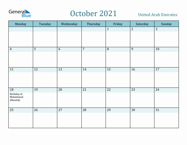 October 2021 Calendar with Holidays