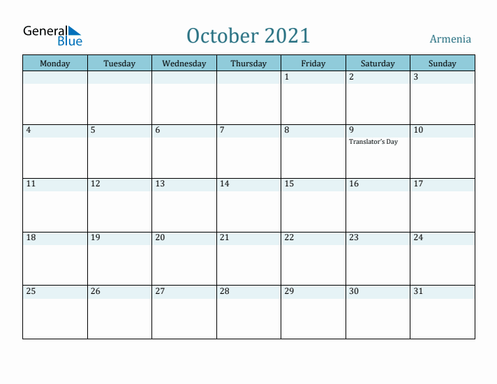 October 2021 Calendar with Holidays