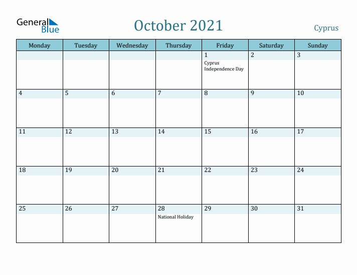 October 2021 Calendar with Holidays