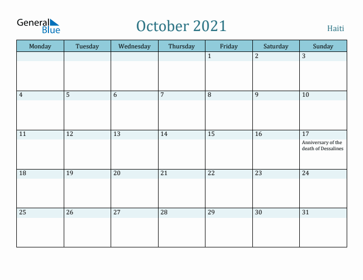 October 2021 Calendar with Holidays