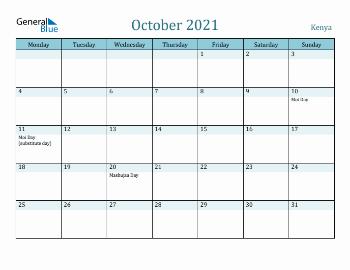 October 2021 Calendar with Holidays