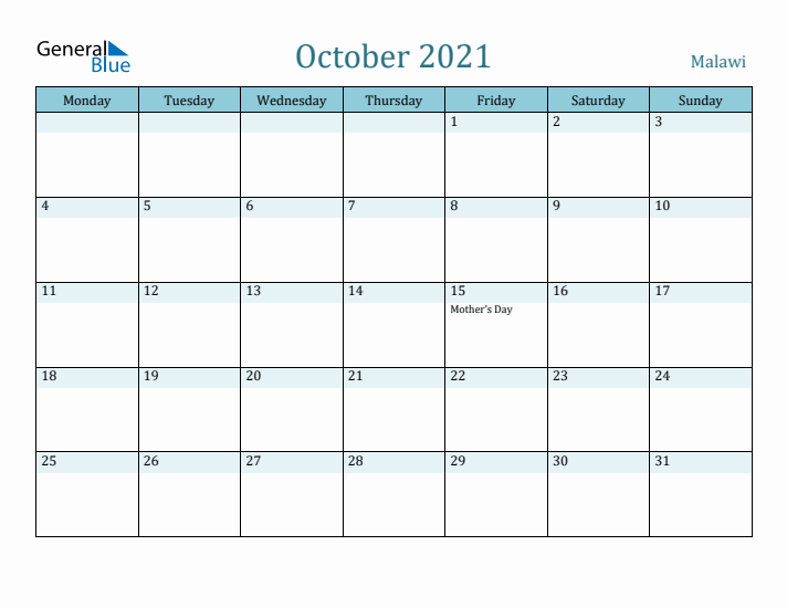 October 2021 Calendar with Holidays