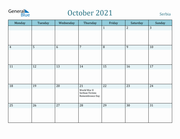 October 2021 Calendar with Holidays