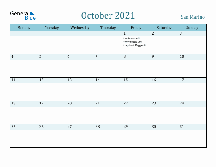 October 2021 Calendar with Holidays