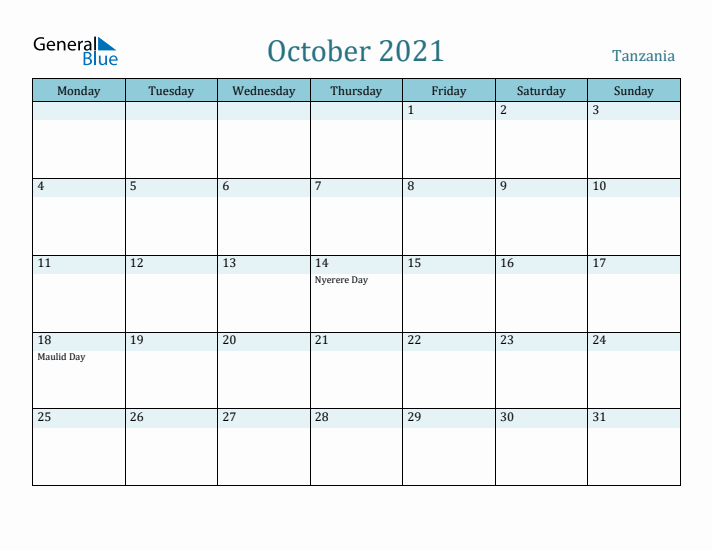 October 2021 Calendar with Holidays