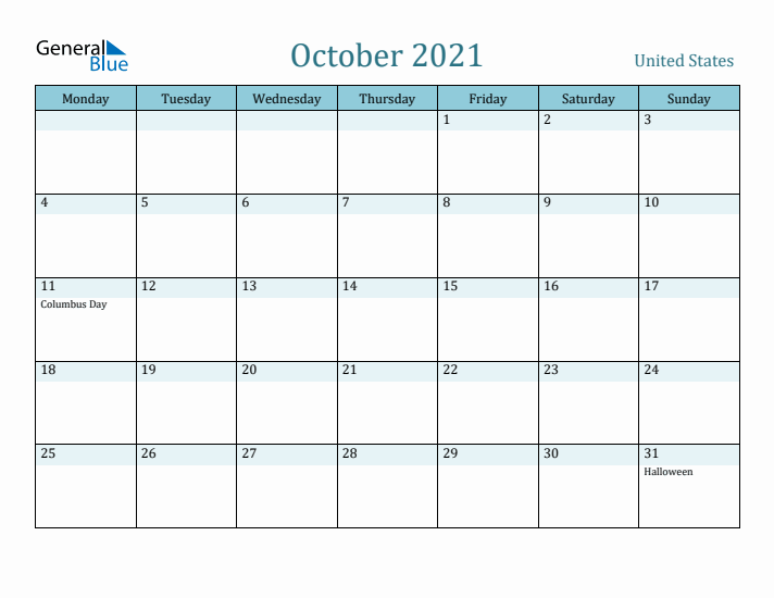 October 2021 Calendar with Holidays