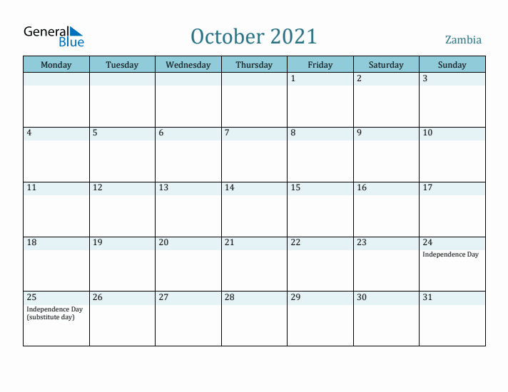 October 2021 Calendar with Holidays