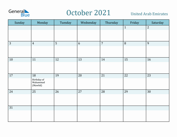 October 2021 Calendar with Holidays