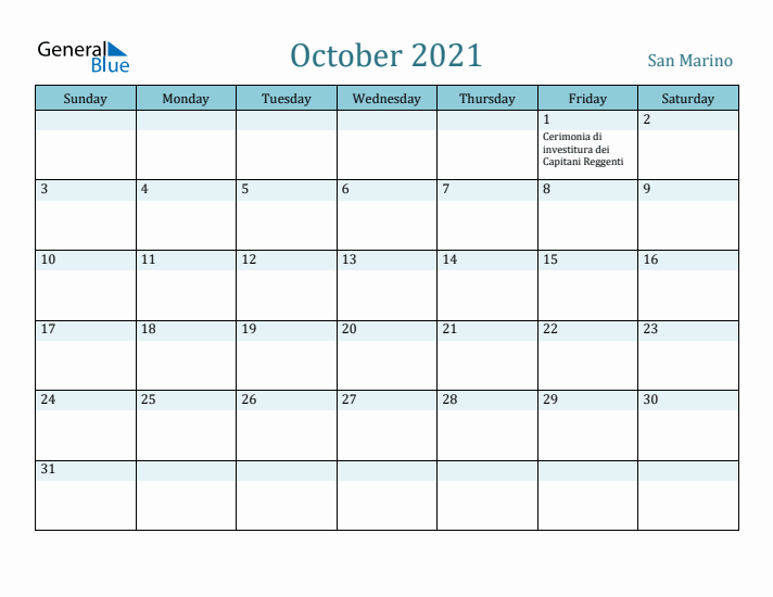 October 2021 Calendar with Holidays