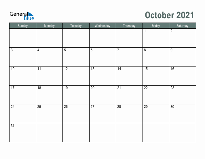 Free Printable October 2021 Calendar