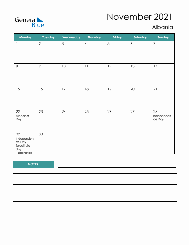 Calendar with Notes Printable - Monday Start