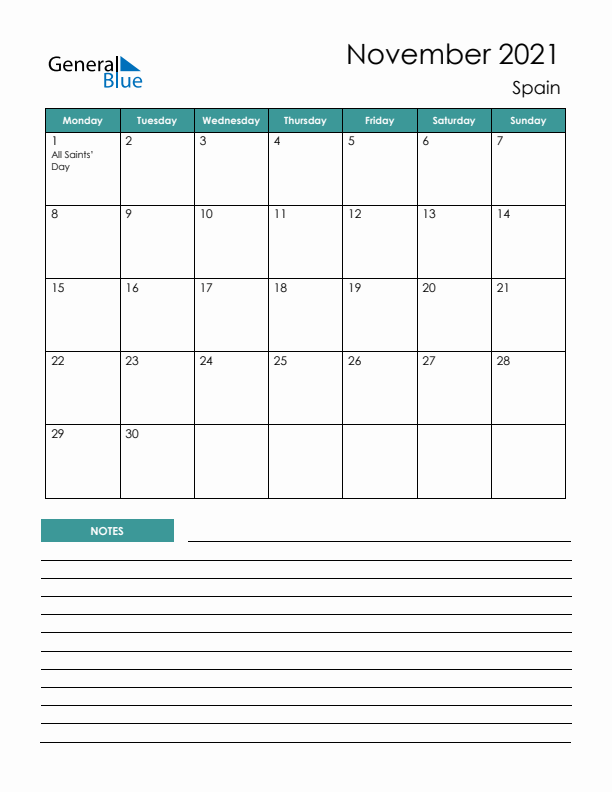 Calendar with Notes Printable - Monday Start