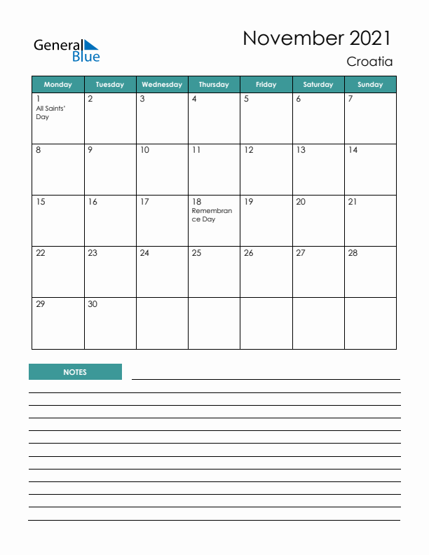 Calendar with Notes Printable - Monday Start