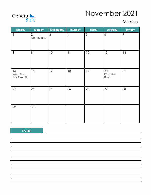 Calendar with Notes Printable - Monday Start