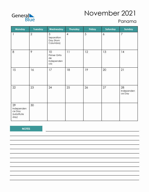 Calendar with Notes Printable - Monday Start