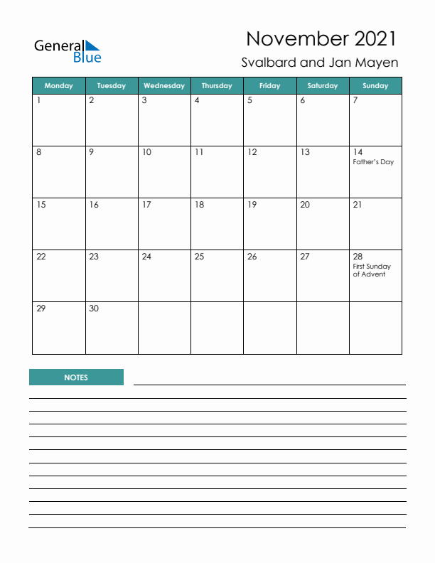 Calendar with Notes Printable - Monday Start