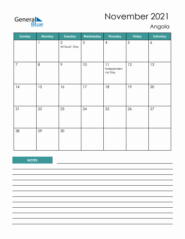 Calendar with Notes Printable - Sunday Start