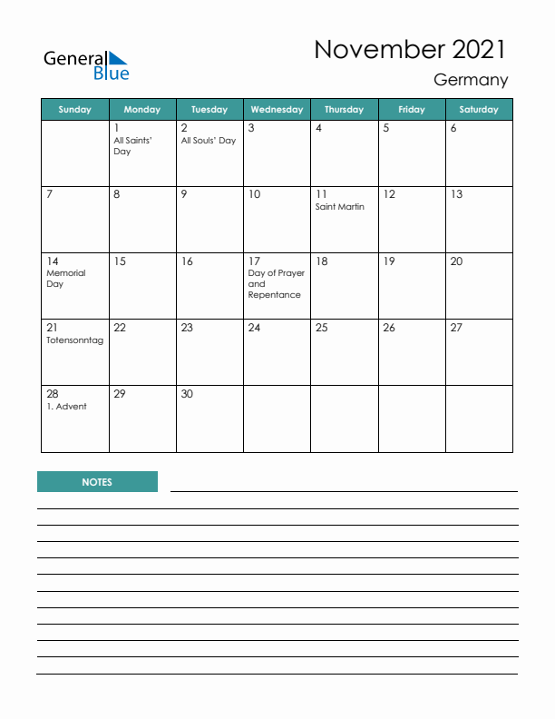 Calendar with Notes Printable - Sunday Start