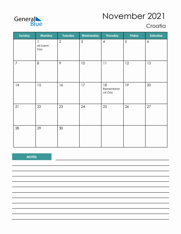 Calendar with Notes Printable - Sunday Start