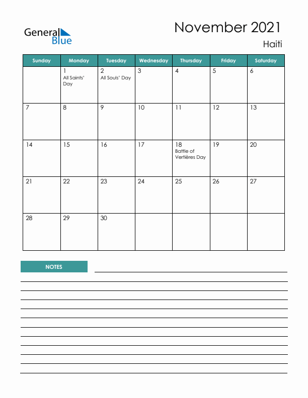 Calendar with Notes Printable - Sunday Start