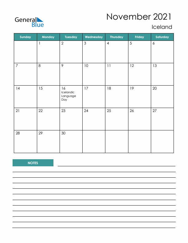 Calendar with Notes Printable - Sunday Start