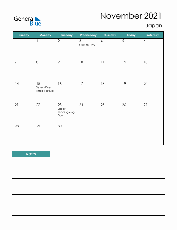 Calendar with Notes Printable - Sunday Start