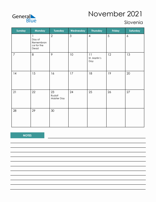 Calendar with Notes Printable - Sunday Start