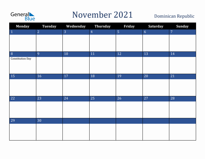 November 2021 Dominican Republic Calendar (Monday Start)