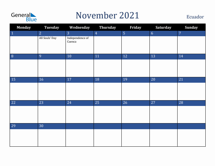 November 2021 Ecuador Calendar (Monday Start)