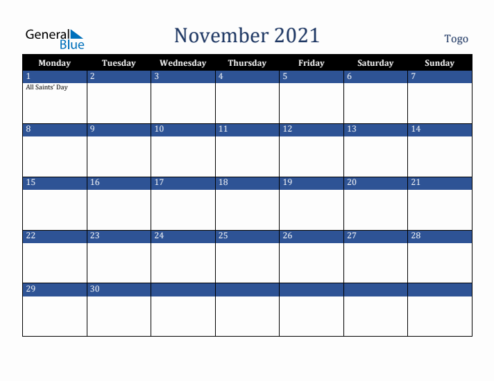 November 2021 Togo Calendar (Monday Start)