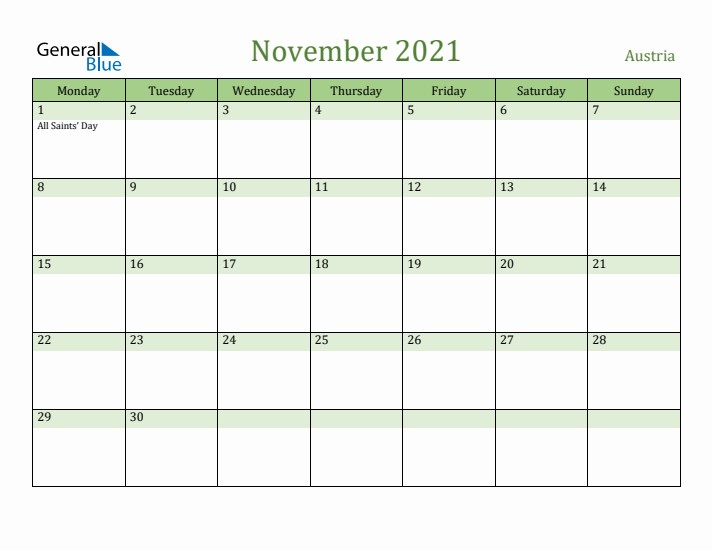 November 2021 Calendar with Austria Holidays