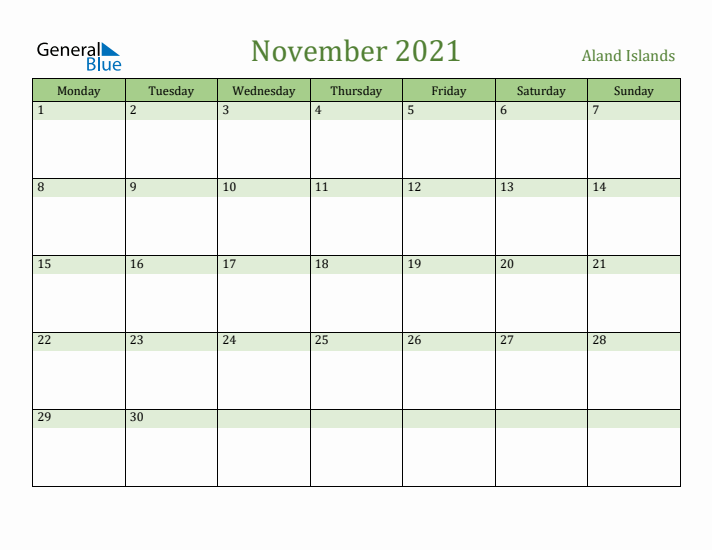 November 2021 Calendar with Aland Islands Holidays