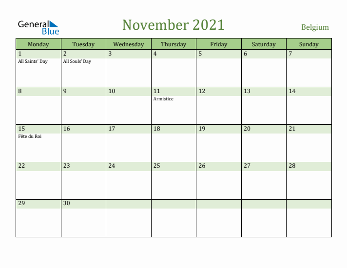 November 2021 Calendar with Belgium Holidays