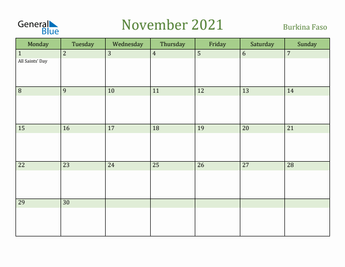 November 2021 Calendar with Burkina Faso Holidays