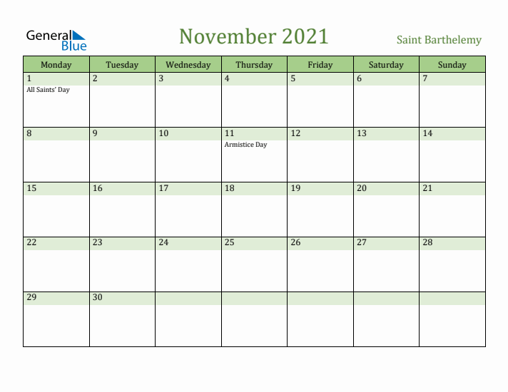 November 2021 Calendar with Saint Barthelemy Holidays