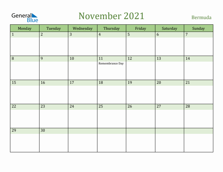 November 2021 Calendar with Bermuda Holidays