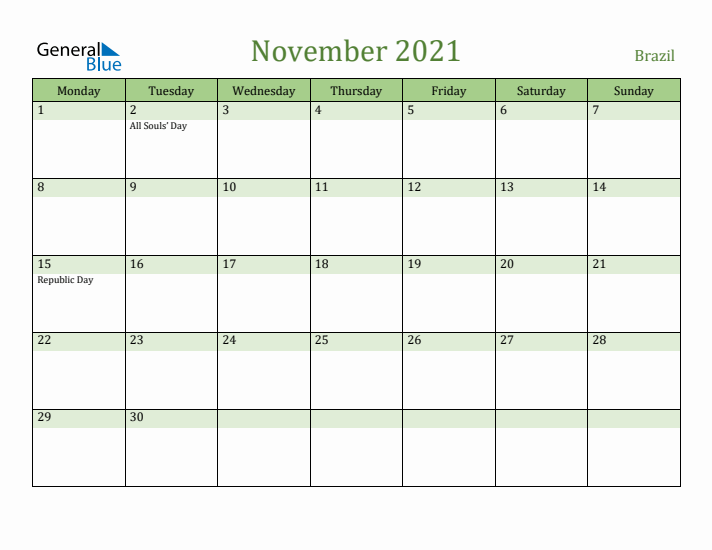 November 2021 Calendar with Brazil Holidays